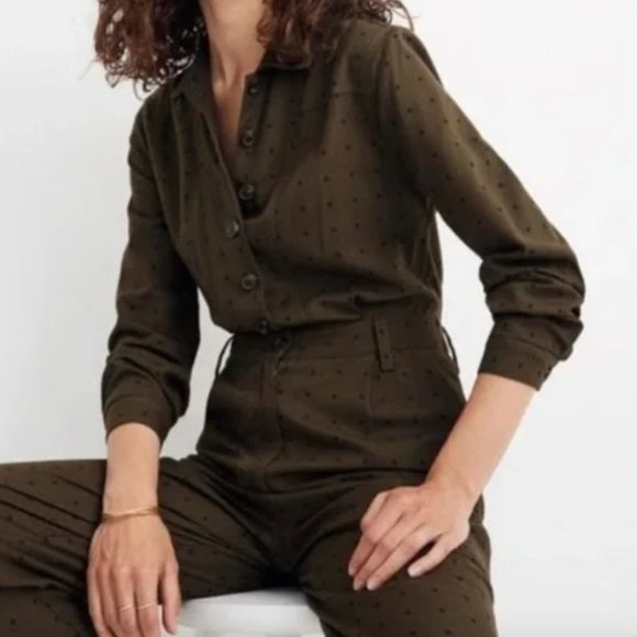 Madewell Pants - Madewell Seamed Coverall Jumpsuit in Grid Dot Olive Green Black Polka Dot - 10